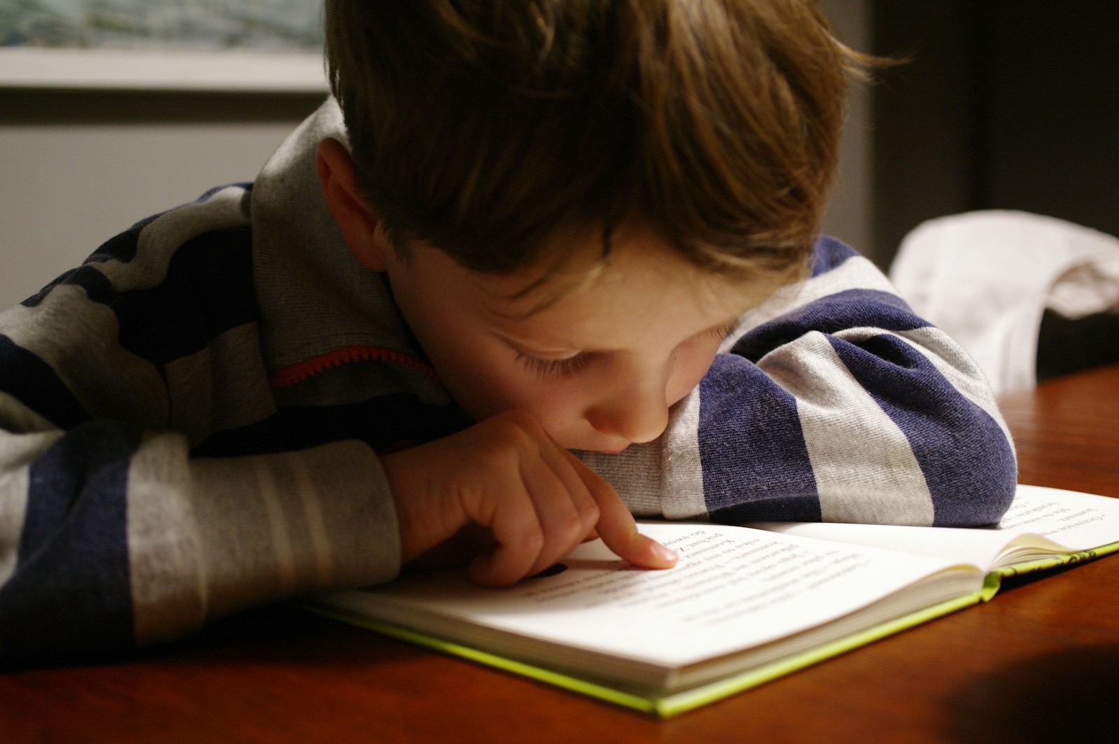 Child concentrated and peaceful while reading a book